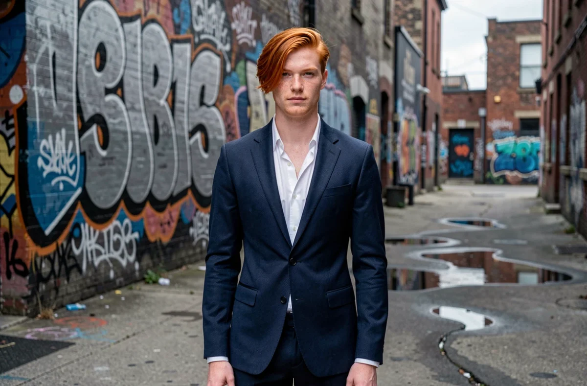 Portrait éditorial d'un chanteur roux en costume marine devant un mur de graffitis urbains