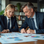 Homme et femme d affaires examinant des graphiques colorés dans un bureau moderne