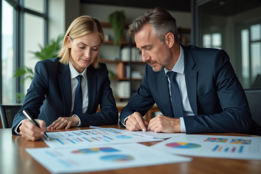 Homme et femme d affaires examinant des graphiques colorés dans un bureau moderne
