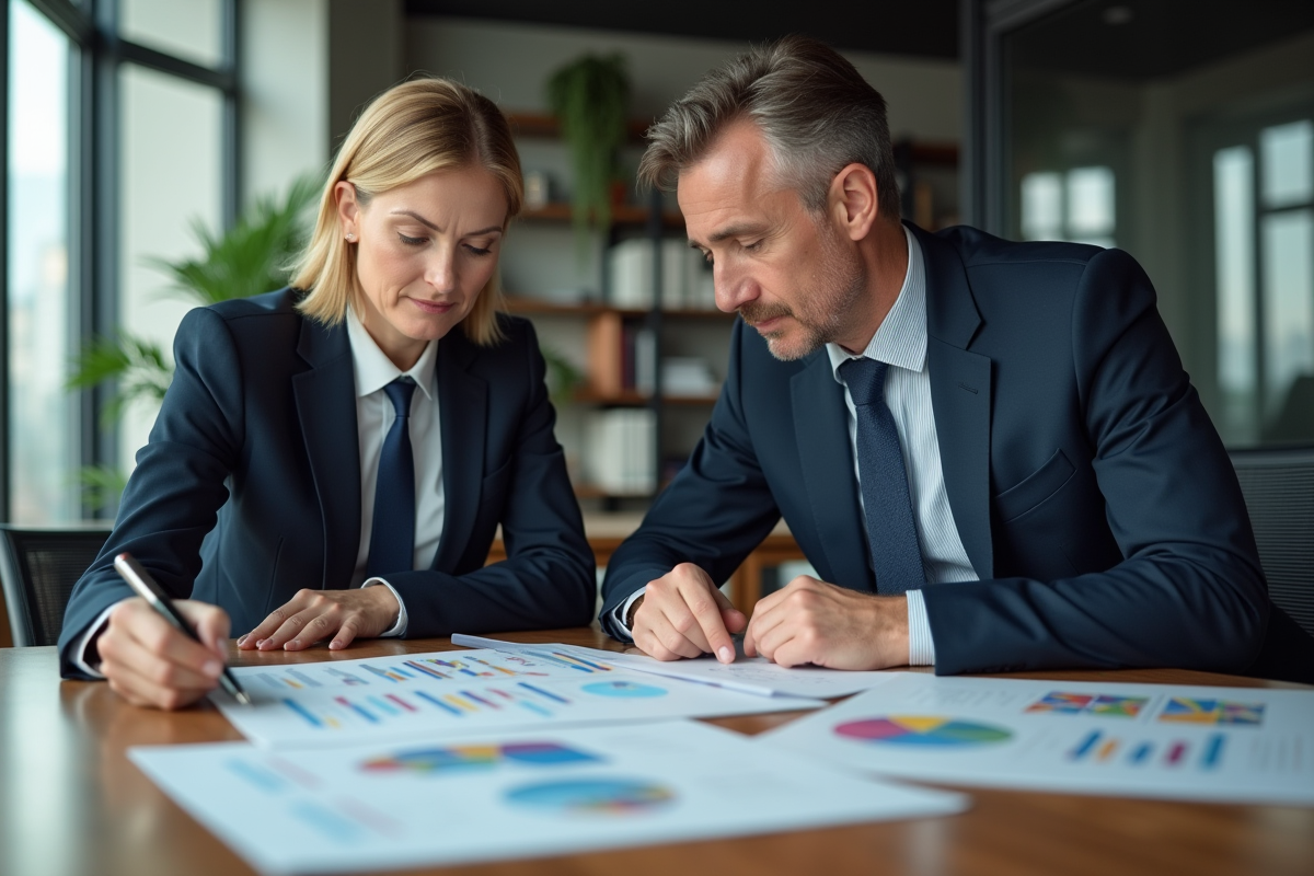 Homme et femme d affaires examinant des graphiques colorés dans un bureau moderne
