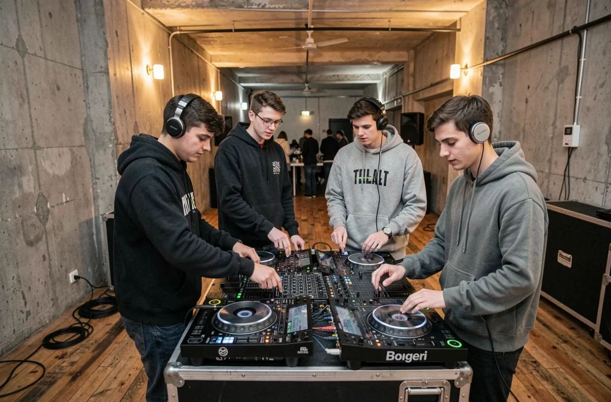 Le collectif Quatre Cent Quarante réunis autour de leur booth DJ dans une salle underground parisienne au décor industriel