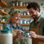 Femmes et homme organisant des contenants recyclables dans un centre de recyclage
