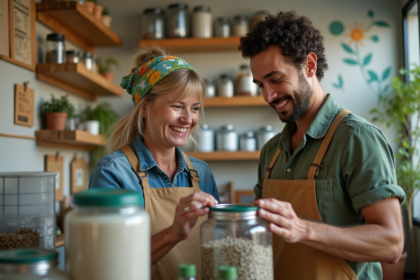 Femmes et homme organisant des contenants recyclables dans un centre de recyclage