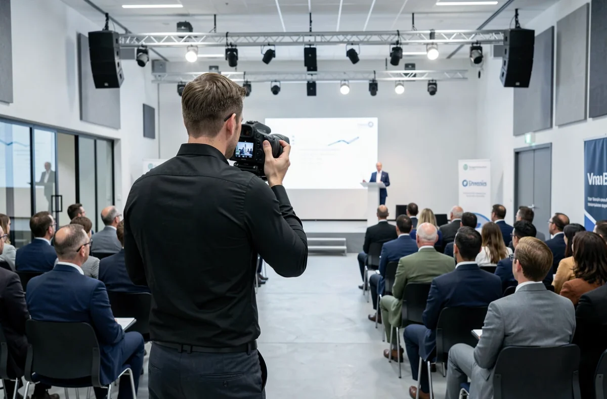 Vidéaste événementiel de Redline Photo filmant une conférence dans une salle moderne du Val-d'Oise