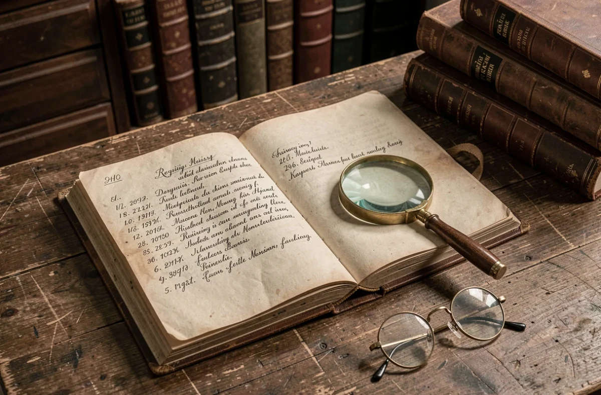Registre d'état civil ancien ouvert sur une table en bois avec une loupe, évoquant la recherche de données biographiques et de dates de naissance