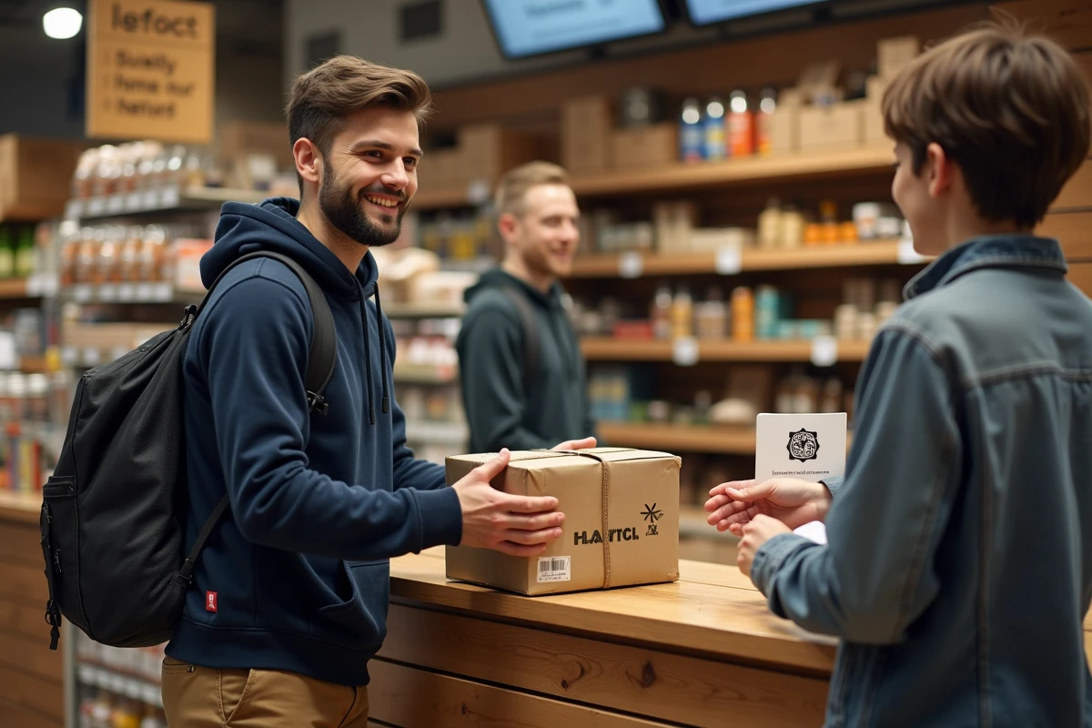Jeune homme donnant un colis à un employé en magasin