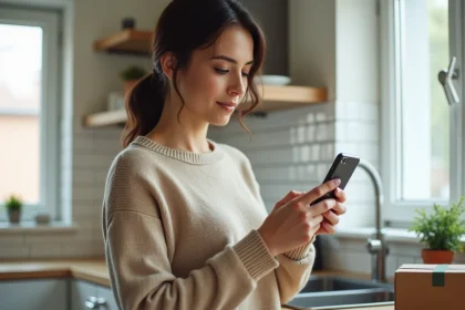 Femme reprogrammant une livraison La Poste sur son smartphone dans une cuisine moderne