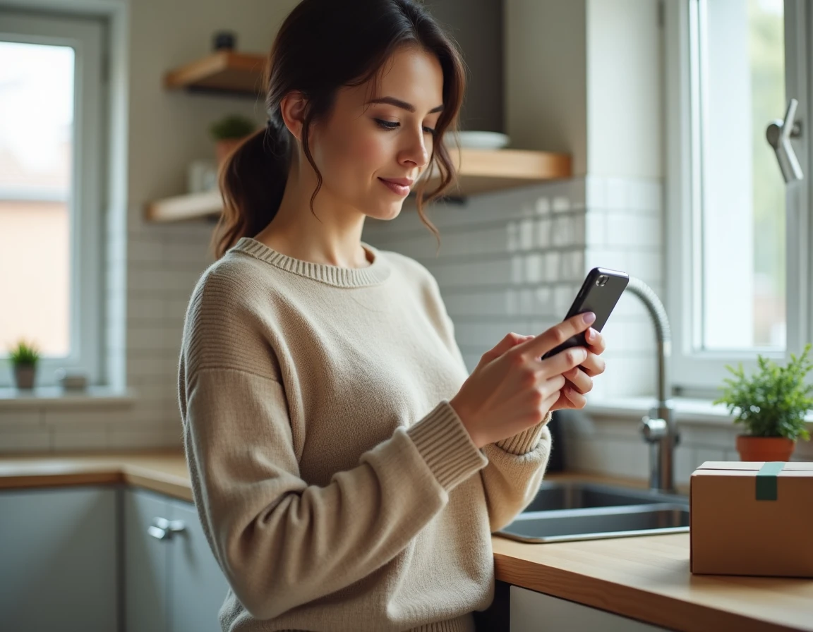 Femme reprogrammant une livraison La Poste sur son smartphone dans une cuisine moderne