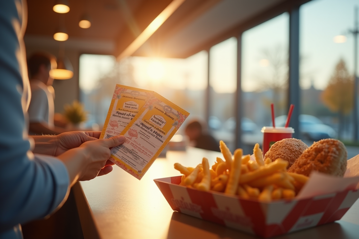 Restaurant rapide avec des chèques vacances à côté d'un plateau