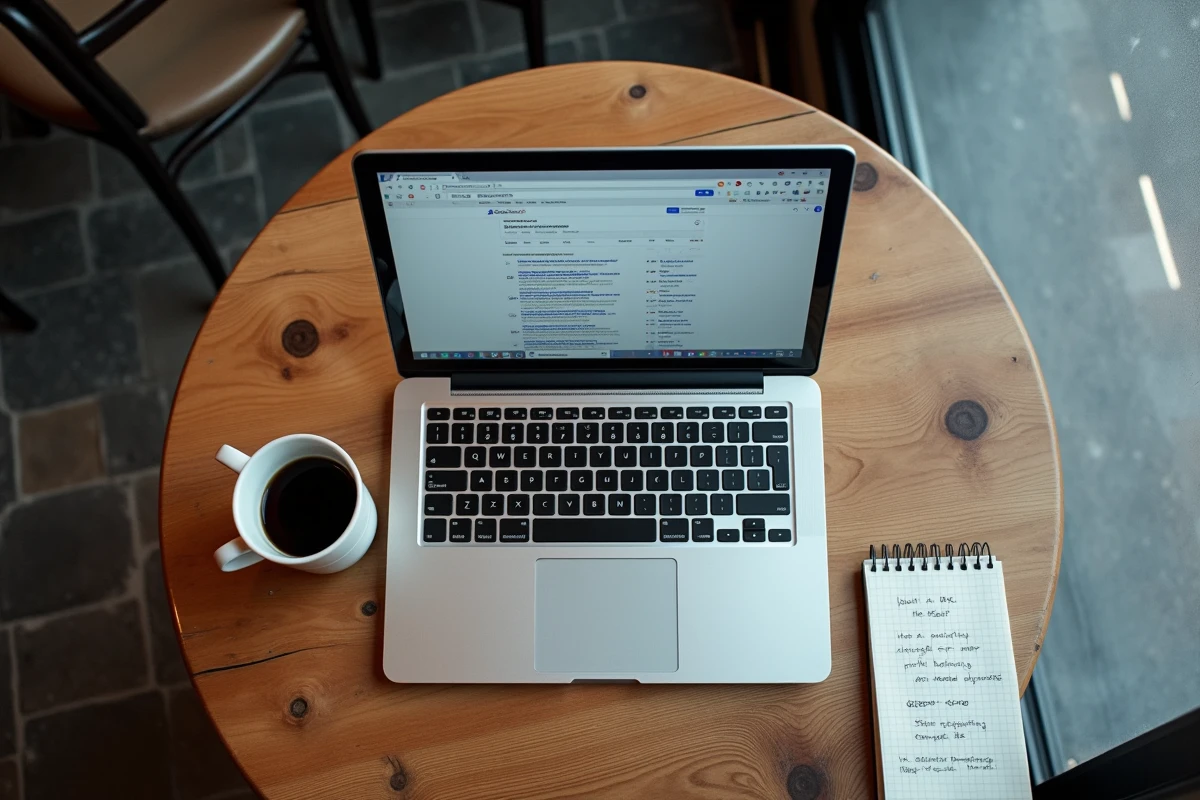Ordinateur portable affichant une page de résultats de recherche Google sur une table de café avec un carnet de notes SEO