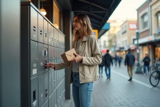 Femme récupérant un colis dans un casier extérieur en ville