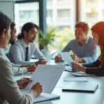 Réunion de bureau moderne avec équipe diverse discutant