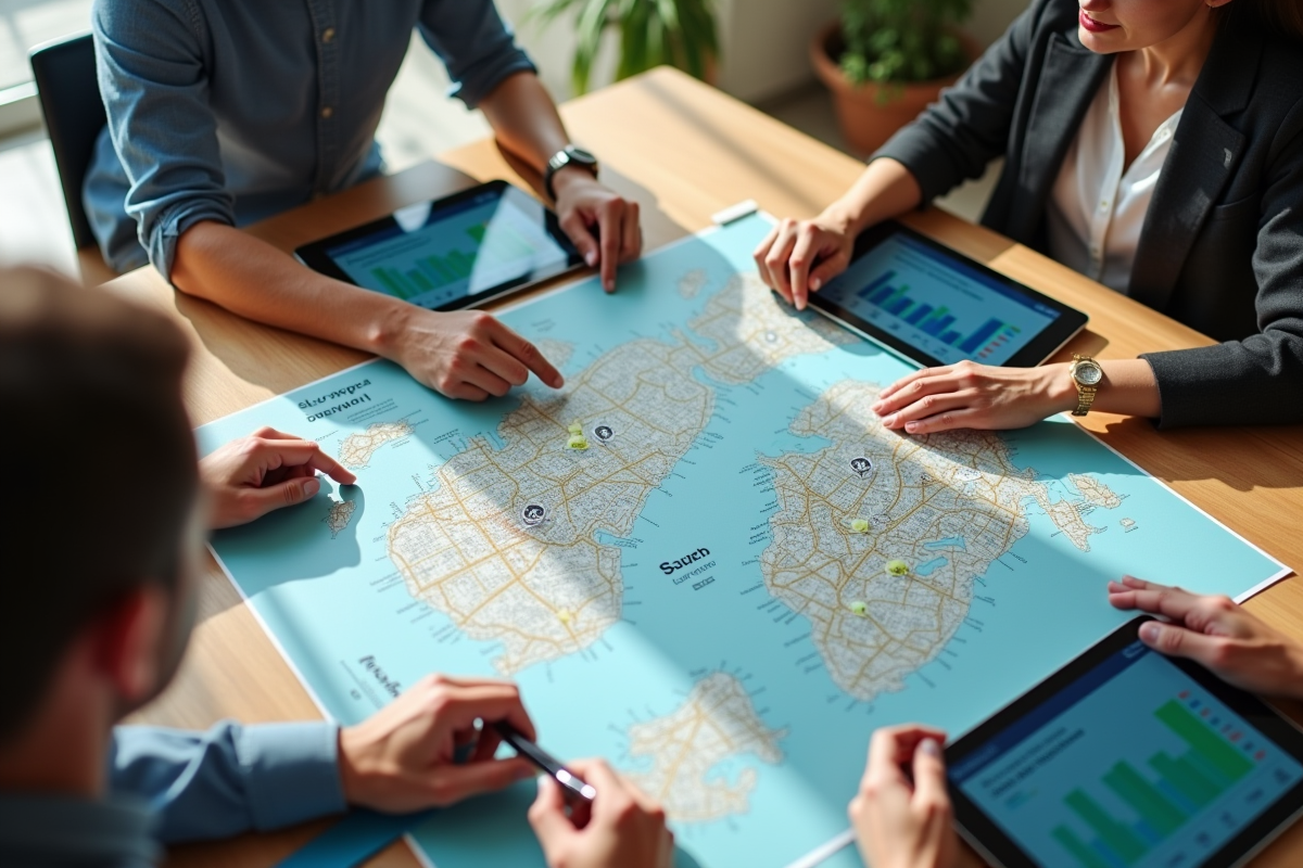 Equipe collaborative autour de cartes et tablettes en réunion