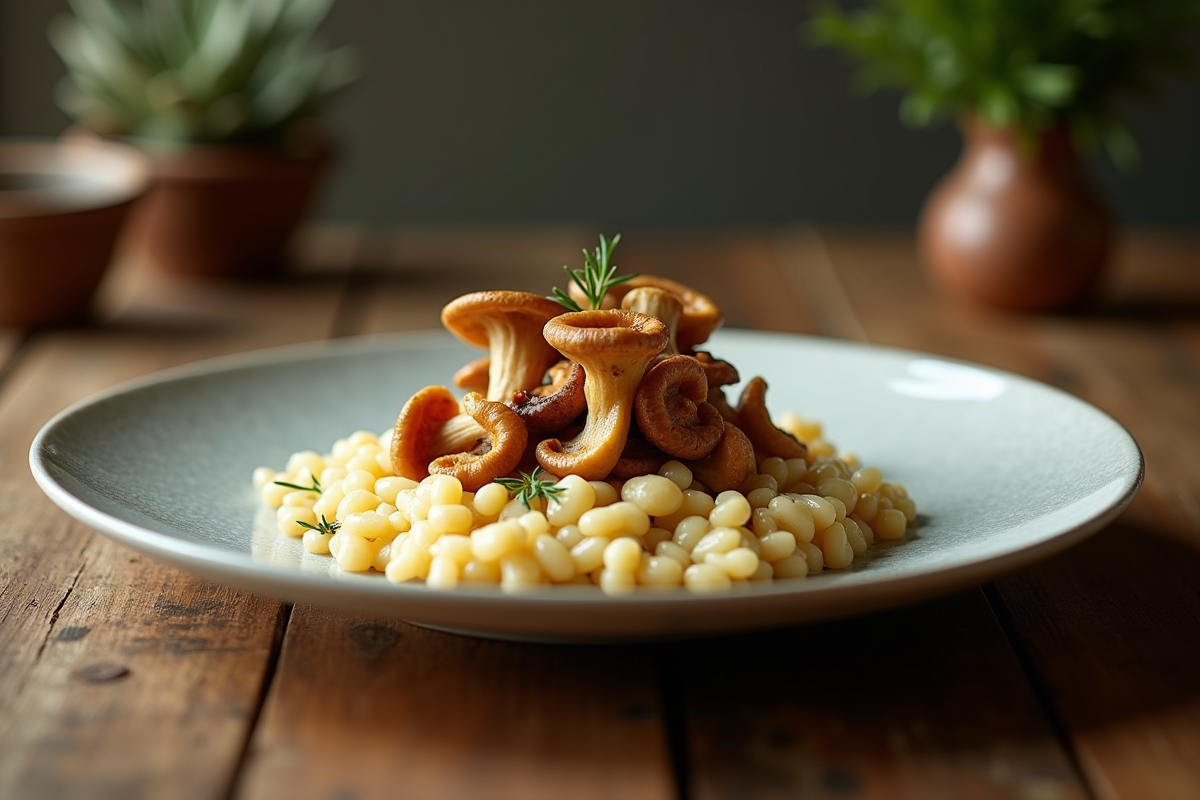 Risotto aux chanterelles présenté sur une table rustique