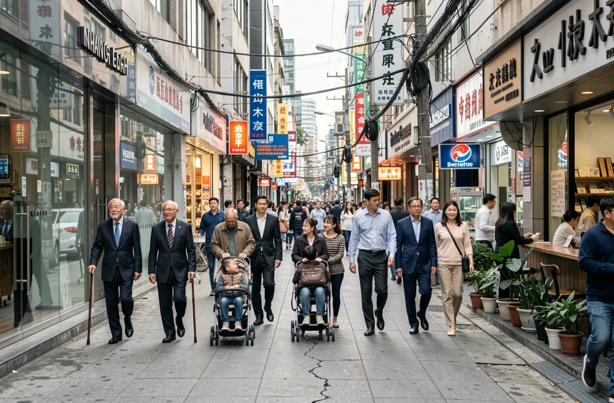 Rue urbaine animée avec des piétons de tous âges représentant la densité de population et les dynamiques démographiques mondiales