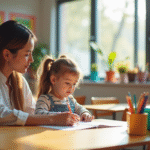 Salle de classe inclusive avec un professionnel aidant un enfant avec besoins spéciaux