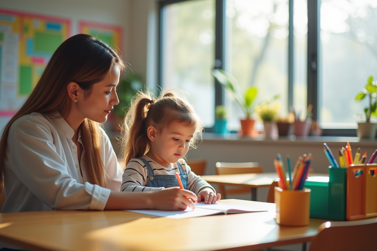 Salle de classe inclusive avec un professionnel aidant un enfant avec besoins spéciaux