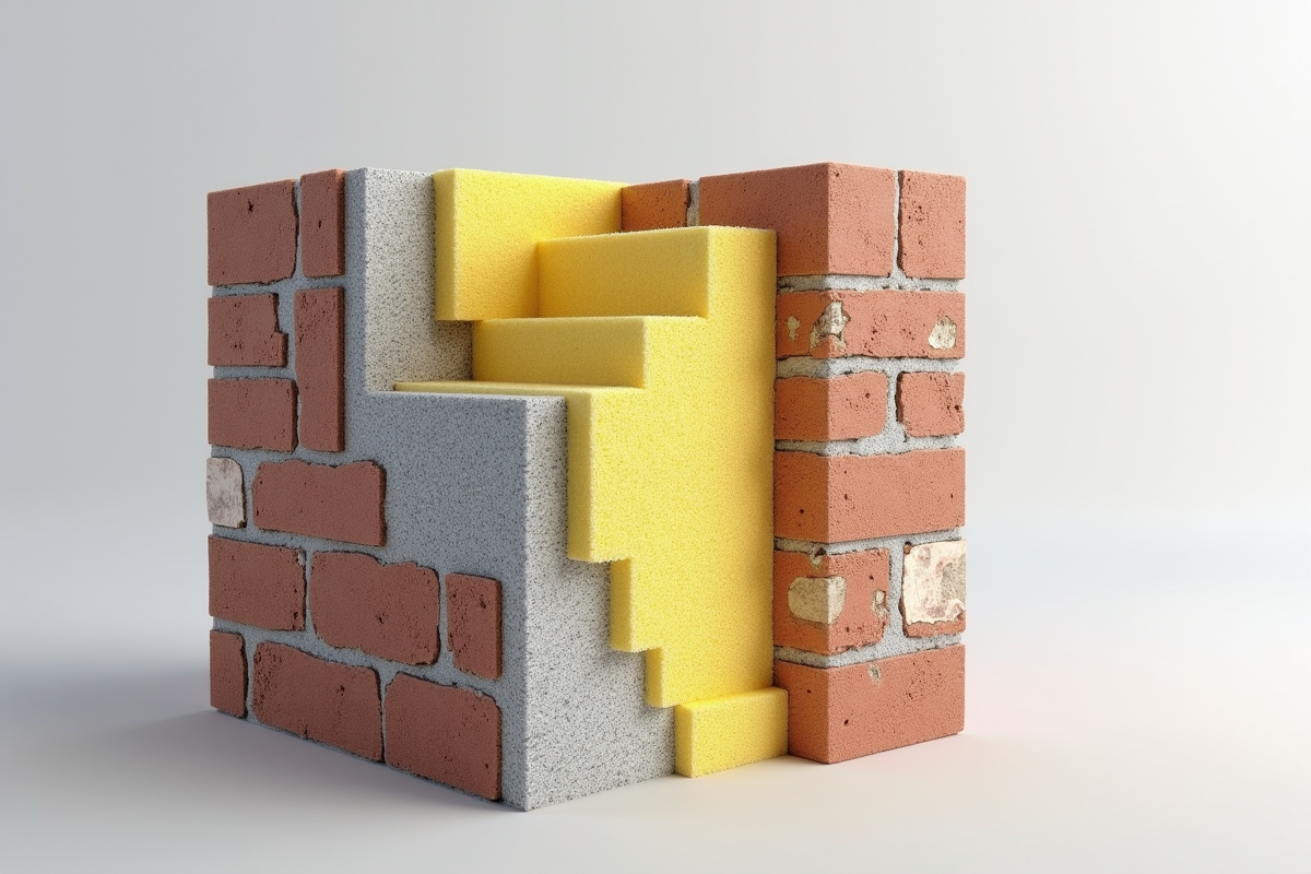 Coupe d un mur en brique avec isolation en laine de roche et mousse