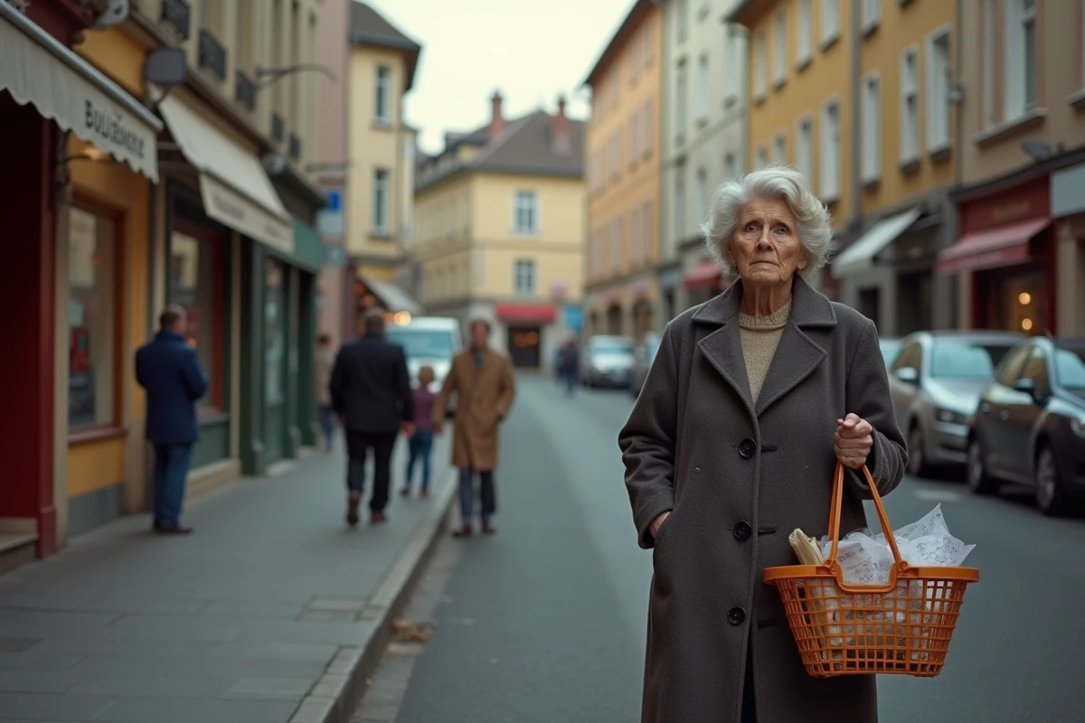 Femme âgée hésitante devant une rue urbaine calme et ordinaire, illustrant le sentiment d'insécurité versus l'insécurité réellement mesurée