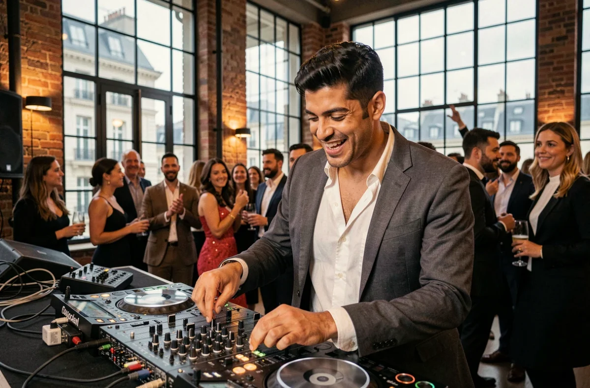 Sergio Bekam en performance DJ lors d'une soirée privée dans un loft chic parisien, interagissant avec les invités avec charisme
