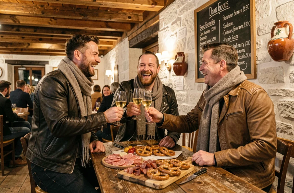 Groupe d'amis en soirée festive dans une taverne alsacienne typique, verres de Riesling à la main devant un décor de poutres en bois