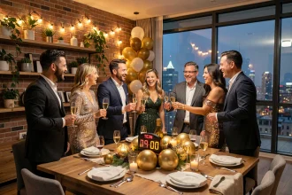 Groupe d'amis célébrant le réveillon du Nouvel An 2026 lors d'une soirée privée organisée dans un appartement moderne décoré de ballons dorés et de guirlandes lumineuses