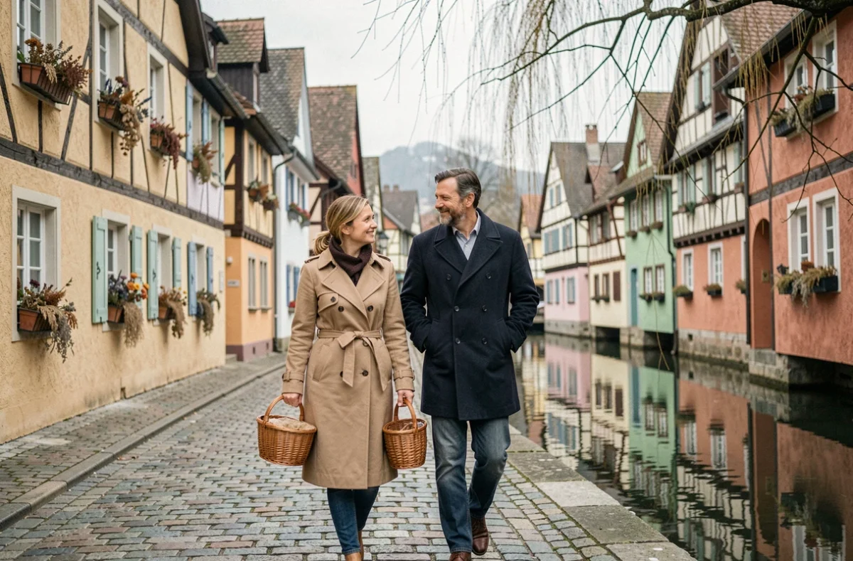 Couple en promenade tranquille dans les ruelles pittoresques de La Petite Venise à Colmar, maisons à colombages colorées en arrière-plan