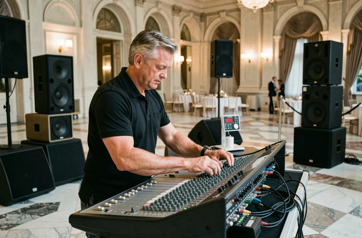 Technicien de Sound Prestige configurant un système audio professionnel haut de gamme dans une grande salle de réception parisienne