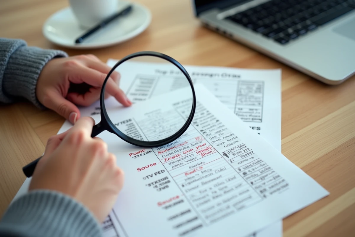 Mains tenant un classement imprimé avec la source entourée en rouge et une loupe, illustrant l'erreur de lire un top 20 sans vérifier la source des données