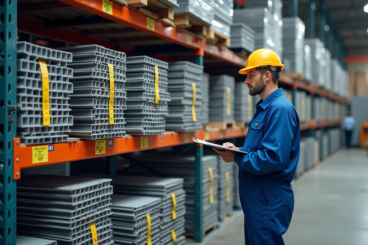 Rayonnage d'entrepôt stockant des profilés de tubes carrés en aluminium de différentes qualités et tolérances