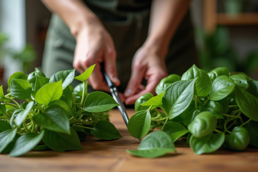 Prise de vue rapprochee des mains de jardinier taillant un pothos sain et malade