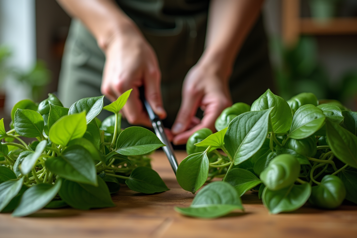 Prise de vue rapprochee des mains de jardinier taillant un pothos sain et malade