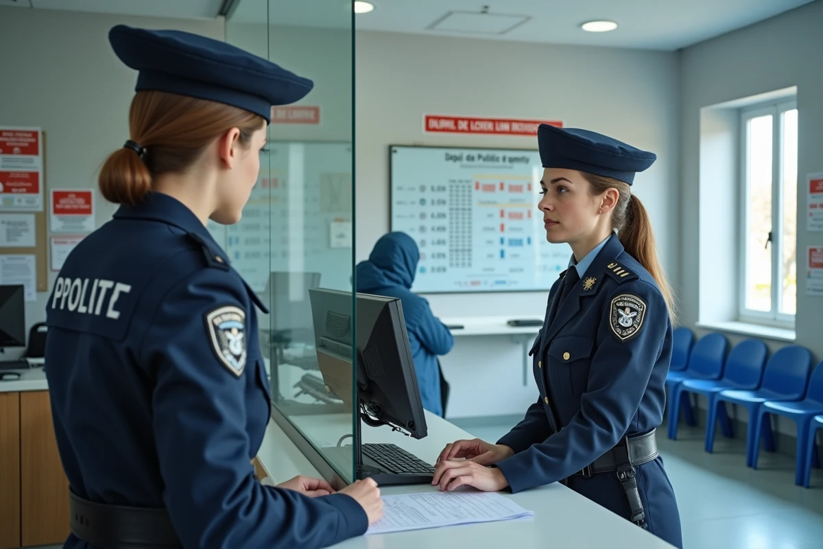 Guichet de gendarmerie avec formulaire de dépôt de plainte, illustrant le taux de plainte et le chiffre noir de la délinquance