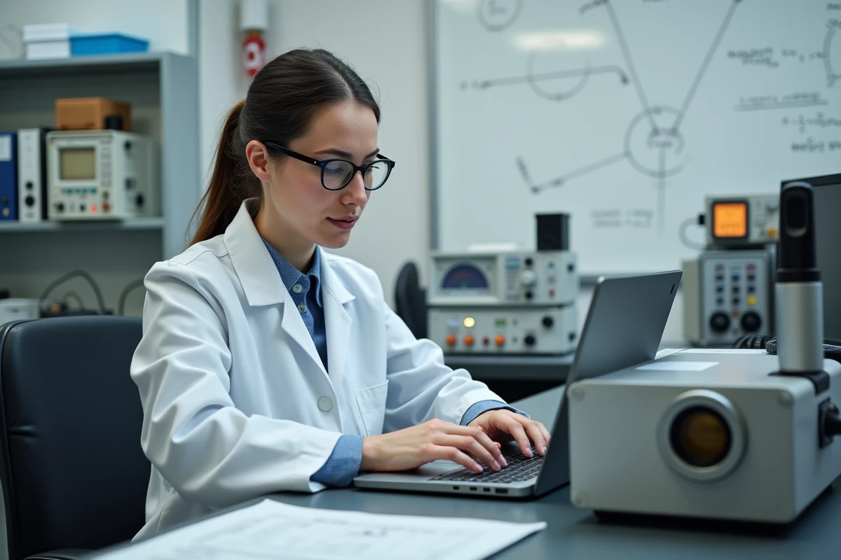 Technicienne de laboratoire analysant des données de flux magnétique sur un ordinateur portable à côté d'un instrument de mesure Cat29 dans un laboratoire de recherche