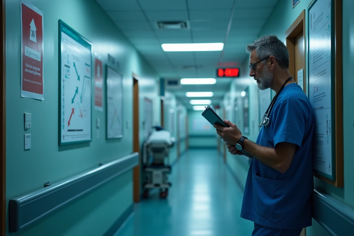 Médecin en couloir d'urgences devant une affiche statistique montrant des courbes inverses, illustrant la hausse des tentatives d'homicide quand les homicides baissent
