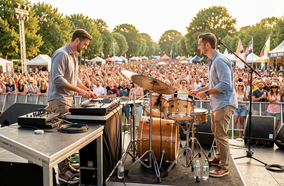 Thibault et Arnaud en performance live combinant DJ set et percussions sur scène lors d'un événement festif en plein air en Île-de-France