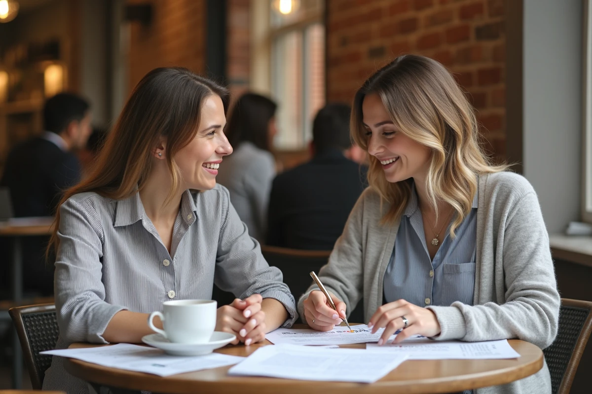 Deux traductrices discutant de la classification d'entrées dans un glossaire allemand-français dans un café