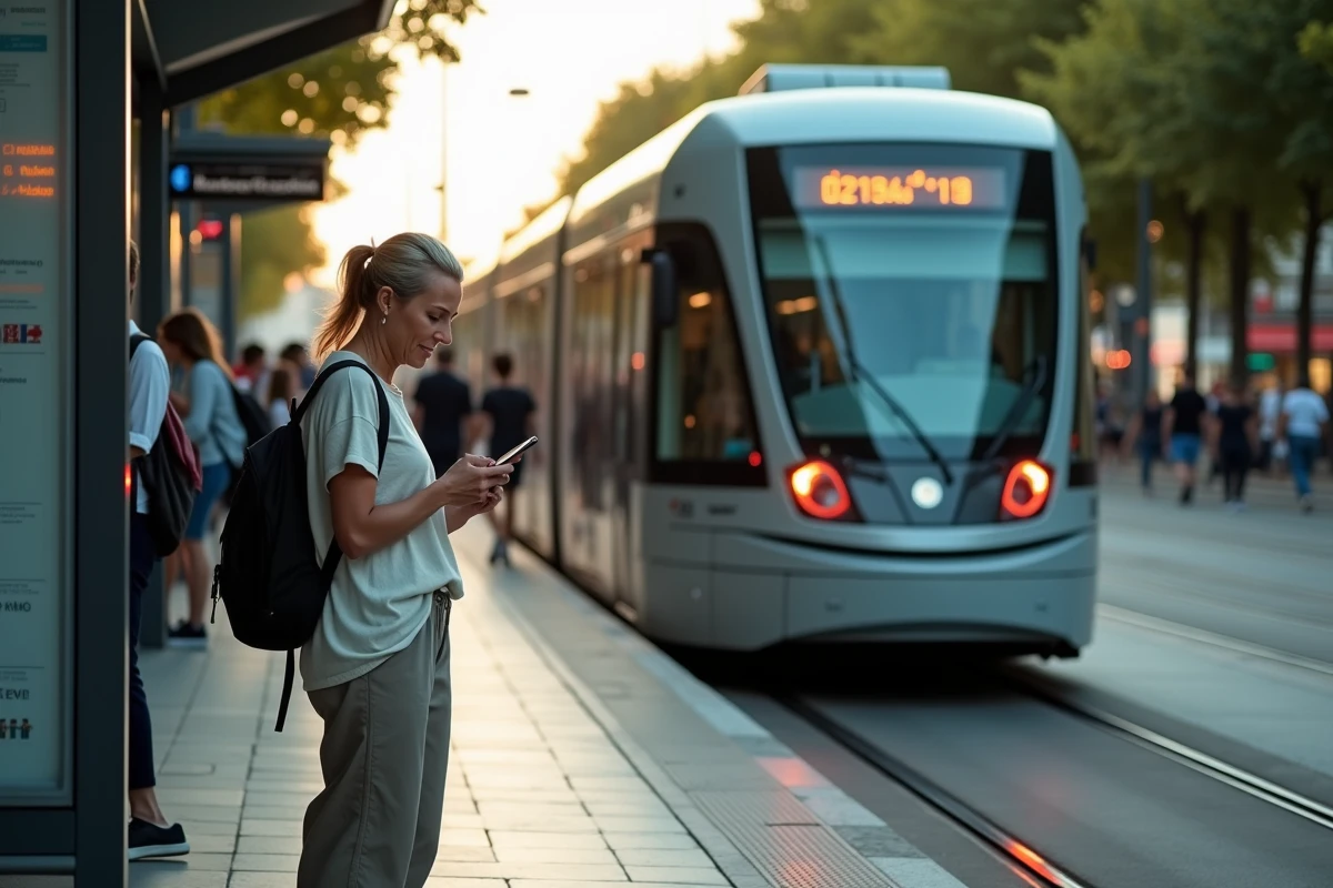 Voyageurs montant dans un tramway moderne à une station du centre de Lille lors d'une soirée de fête