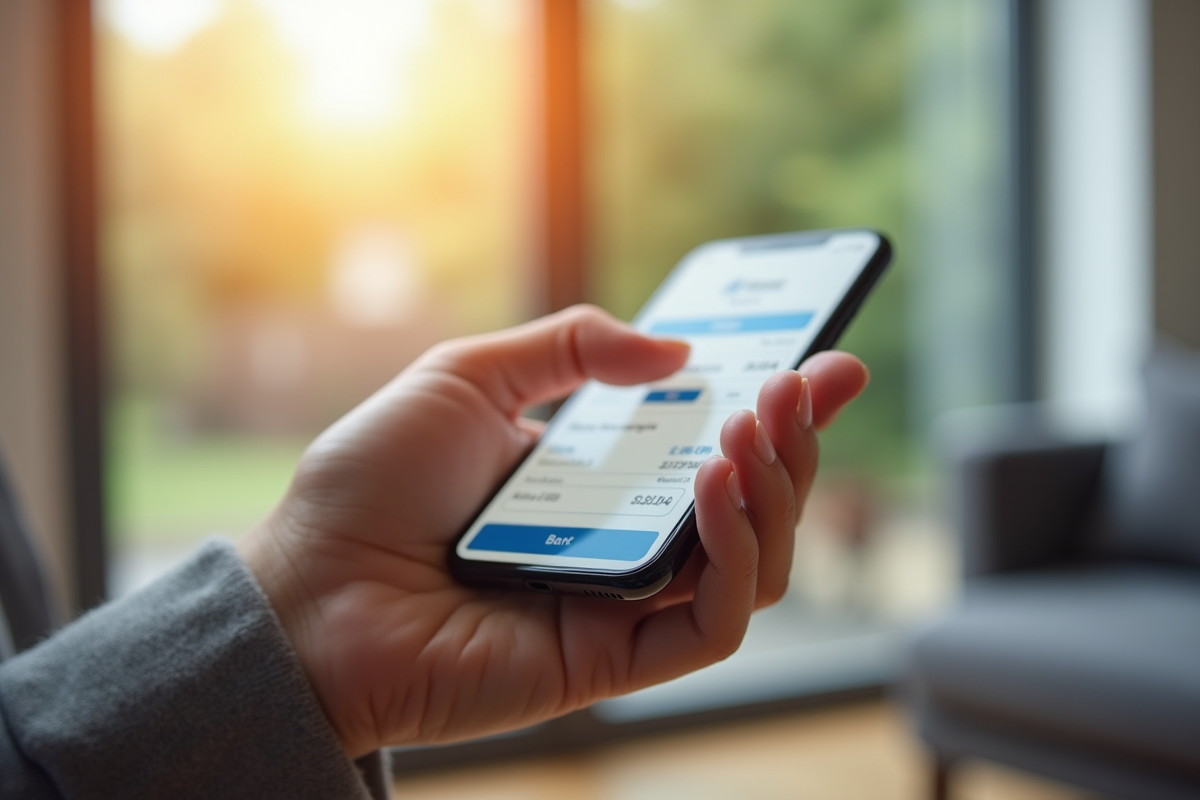 Personne utilisant une application bancaire sur smartphone pour transférer de l'argent