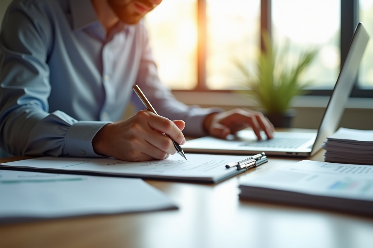 Professionnel concentré travaillant à un bureau lumineux