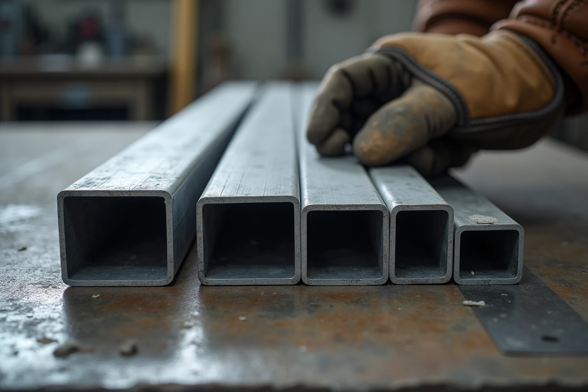 Comparaison de tubes carrés en aluminium de différentes épaisseurs posés sur une surface en béton d'atelier