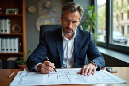 Urbaniste francais en bureau avec cartes et documents