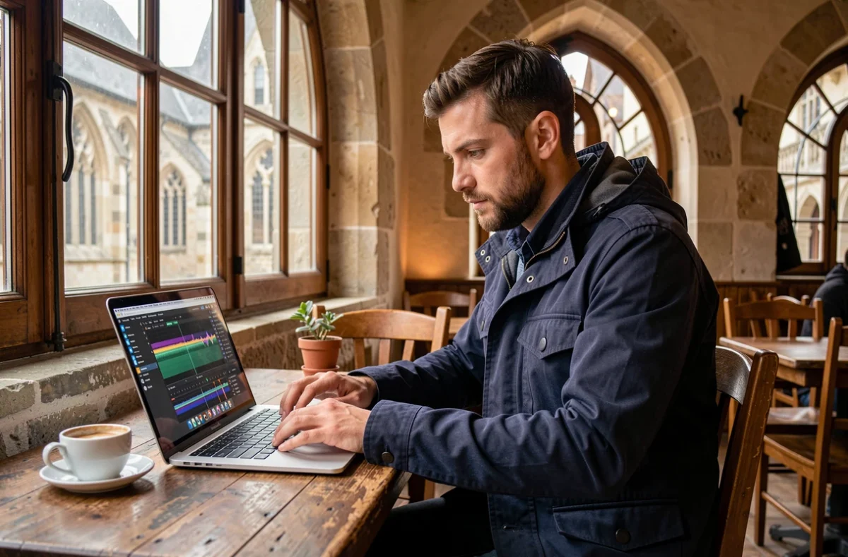 Vidéaste freelance de Videaste.eu travaillant sur son montage dans un café historique de Pontoise