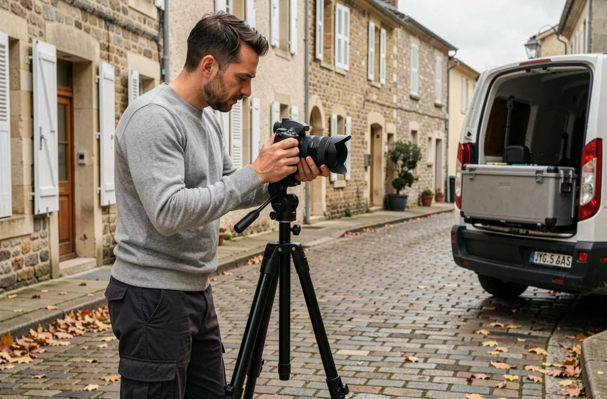Vidéaste photographe installant son trépied dans une rue pavée de Domont pour une séance de tournage