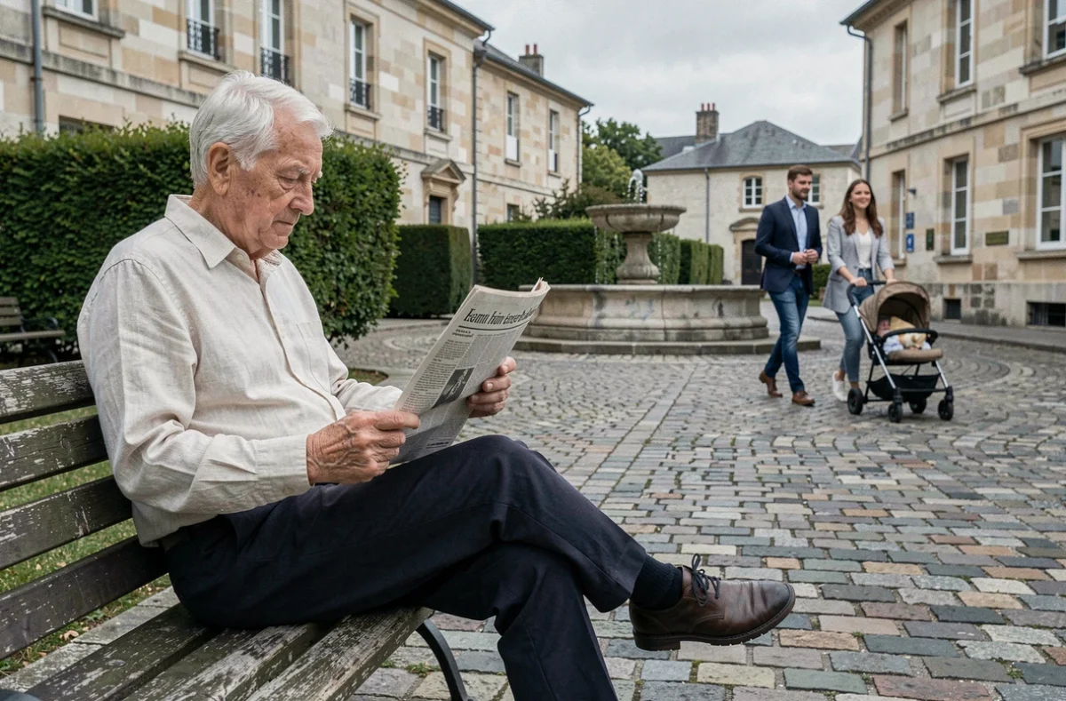 Homme âgé assis seul sur un banc de place de village européen, symbolisant le vieillissement de la population face à une jeune famille en arrière-plan