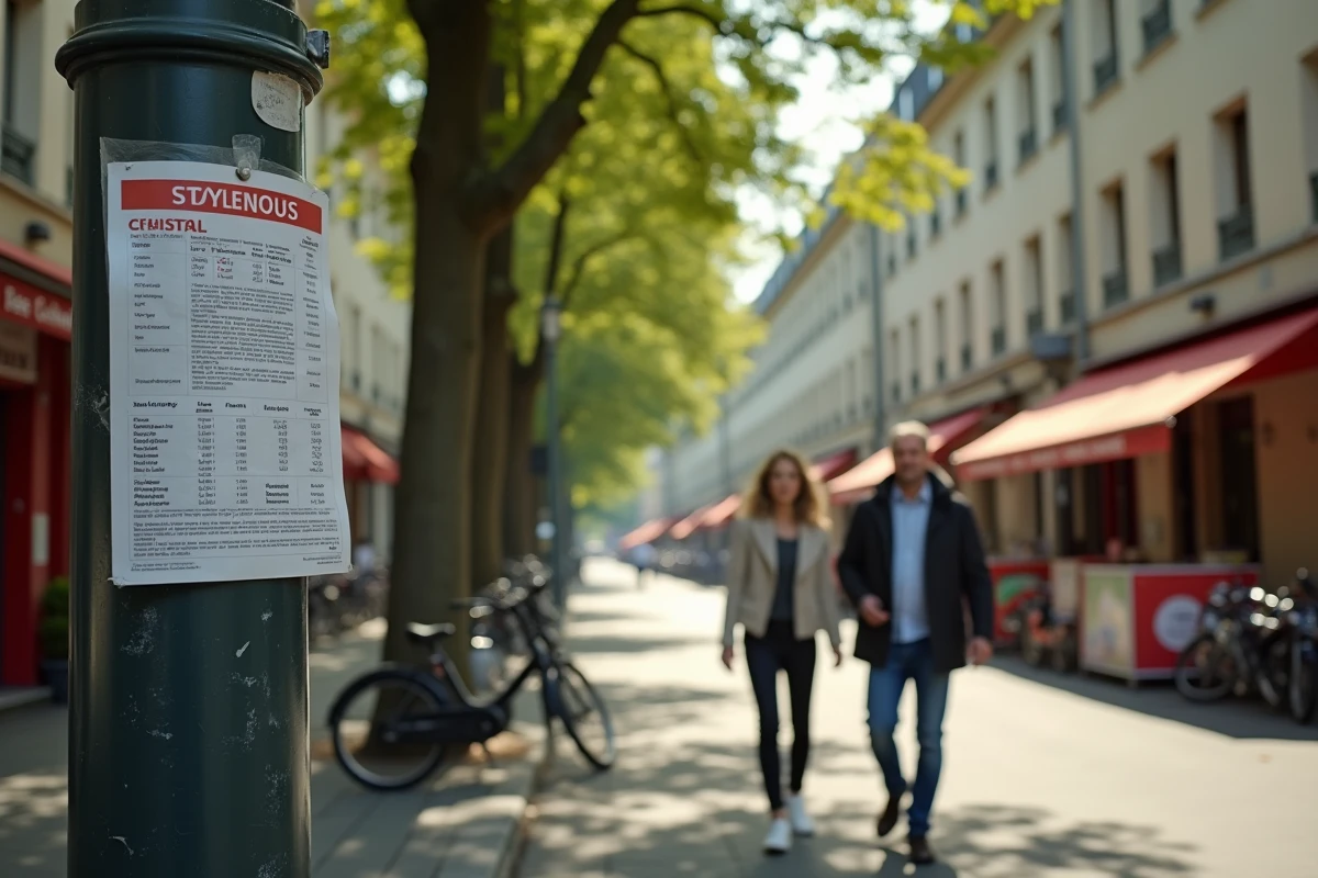 Rue résidentielle calme et agréable en France avec un petit affichage statistique discret sur un lampadaire, illustrant qu'une ville absente du classement n'est pas nécessairement sûre
