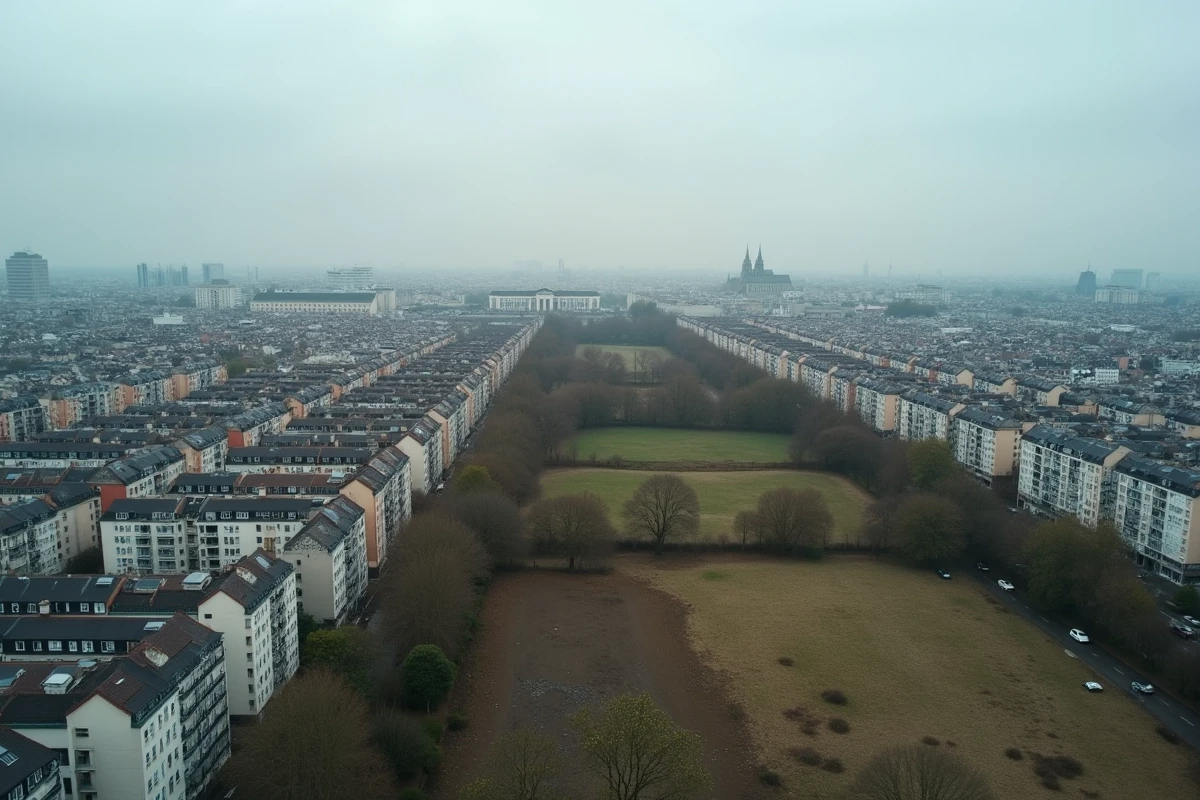 Vue aérienne d'une ville française montrant le contraste entre quartier difficile en périphérie et centre-ville paisible, illustrant la réduction d'une ville à son quartier le plus touché