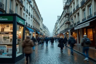 Vue grand angle d'une rue urbaine française mêlant tours résidentielles et façades haussmanniennes, kiosque à journaux au premier plan, ambiance documentaire
