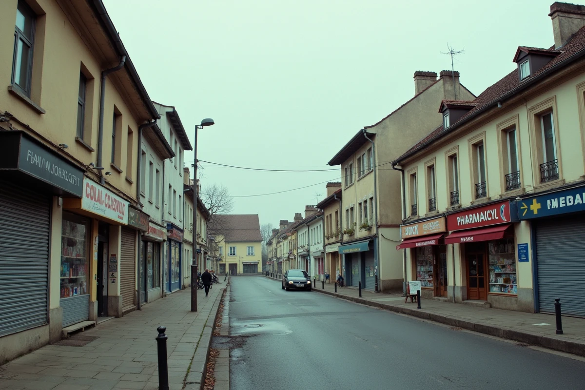 Rue principale d'une ville moyenne française peu animée avec commerces fermés, illustrant l'oubli des villes moyennes dans les analyses de délinquance