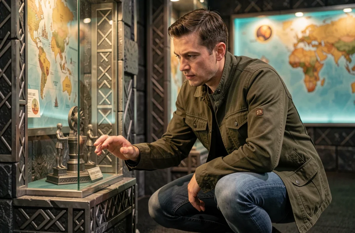 Visiteur examinant une vitrine de l'exposition Arcane avec des accessoires et décors inspirés de la série animée
